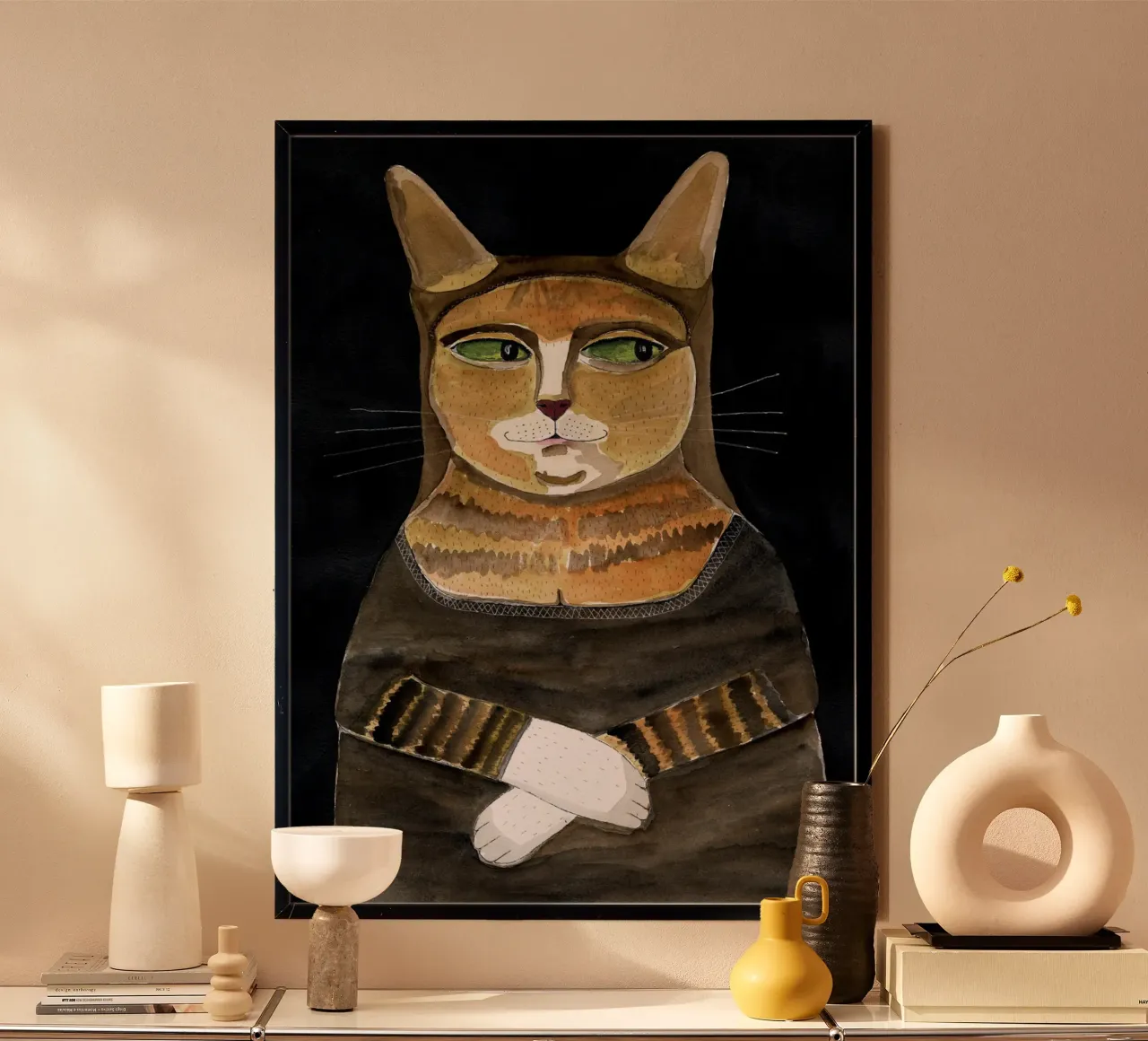 Gatto Monna Lisa Umorismo divertente Gatto arancione zenzero poster con telaio in legno da Pictufy Sun & Spirit