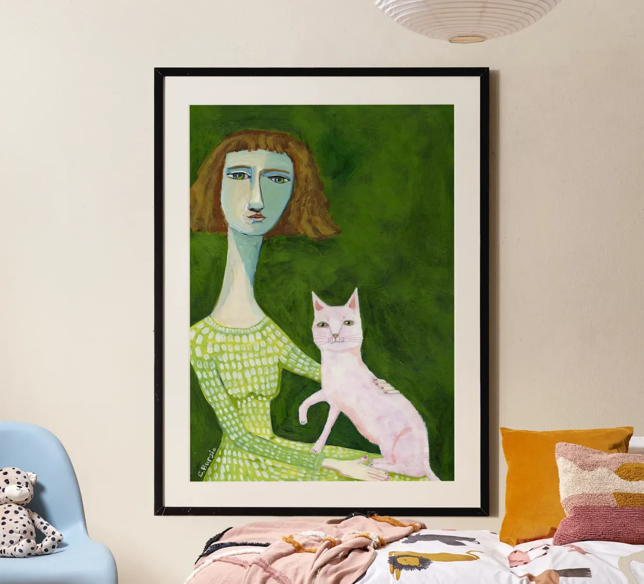 Gatta Signora con gatto rosa poster con telaio in plastica da Pictufy Sun & Spirit
