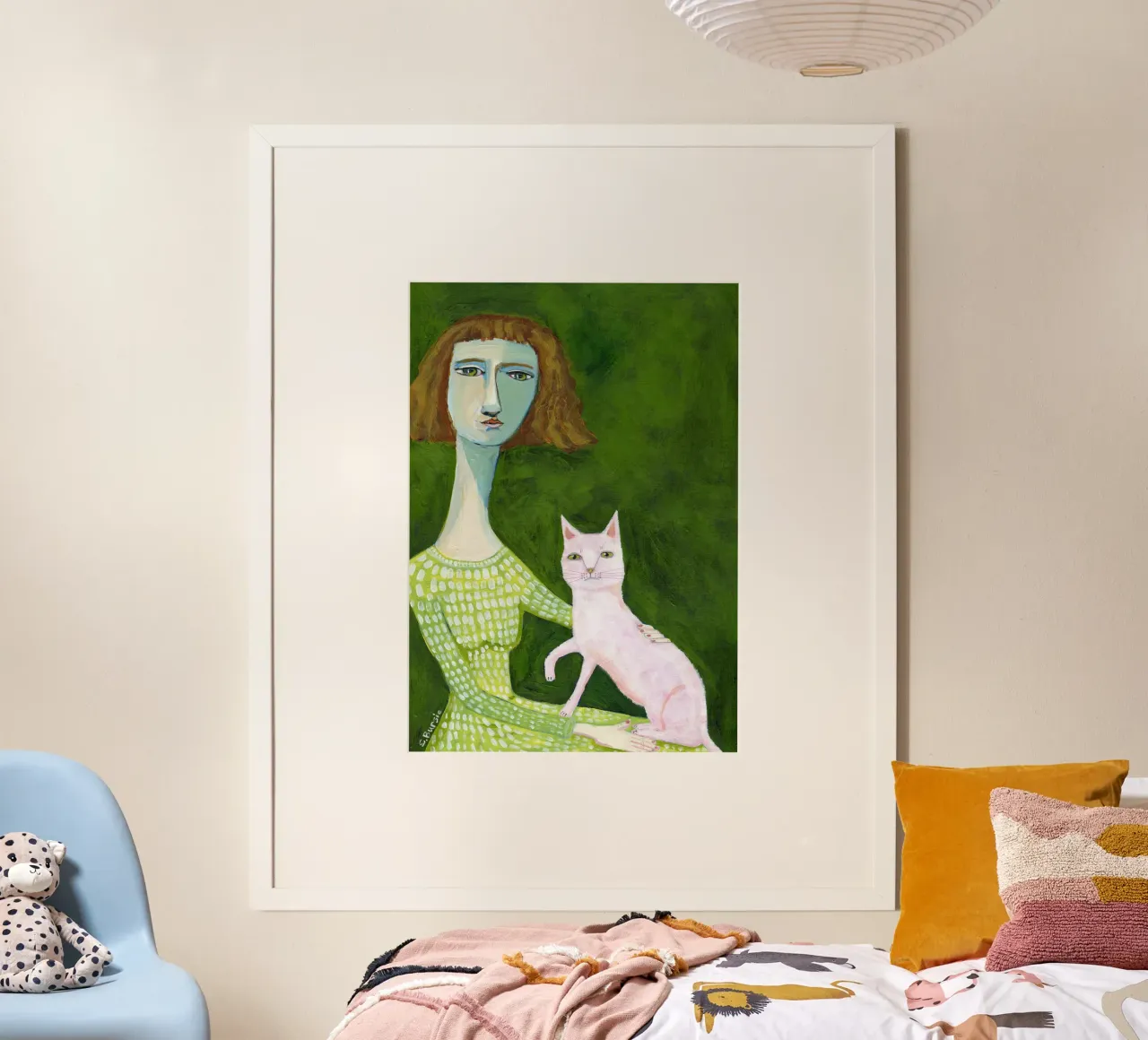 Gatta Signora con gatto rosa poster con telaio in plastica da Pictufy Sun & Spirit