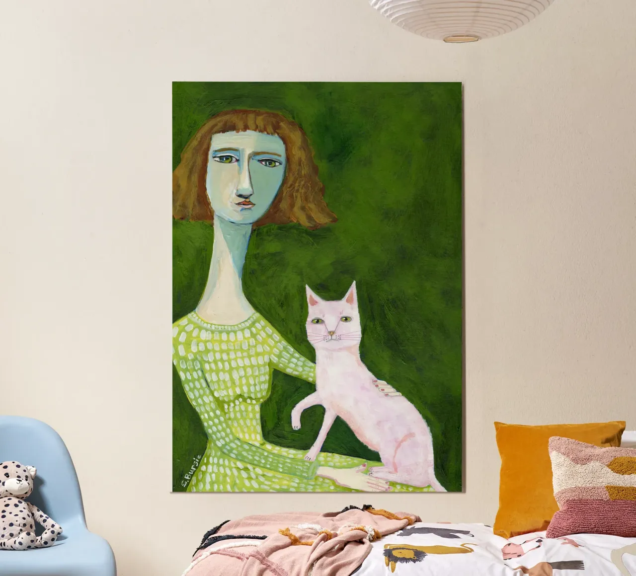 Gatta Signora con gatto rosa poster con telaio in plastica da Pictufy Sun & Spirit
