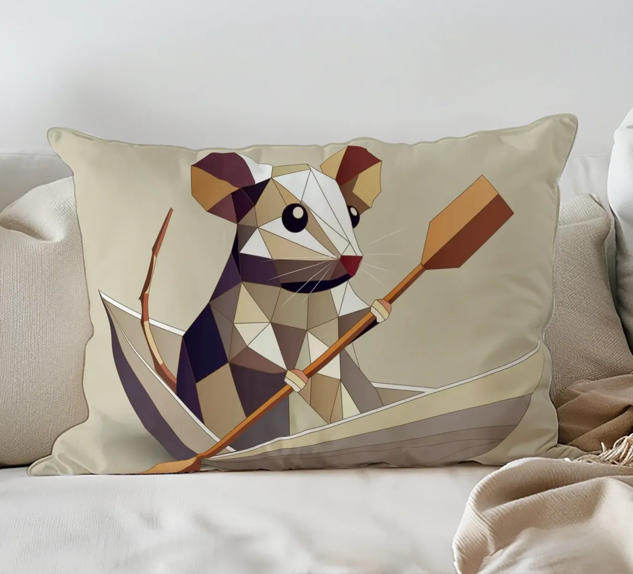 Adventurous mouse in a paper ship - polygon style decorative cushion by namosh