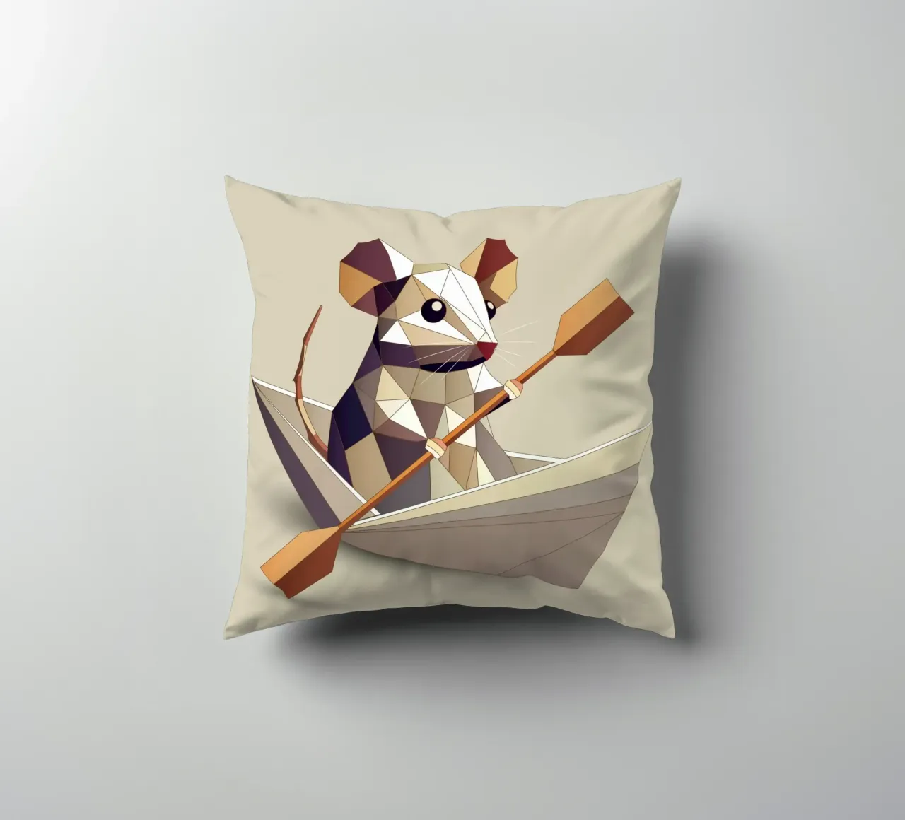 Adventurous mouse in a paper ship - polygon style decorative cushion by namosh