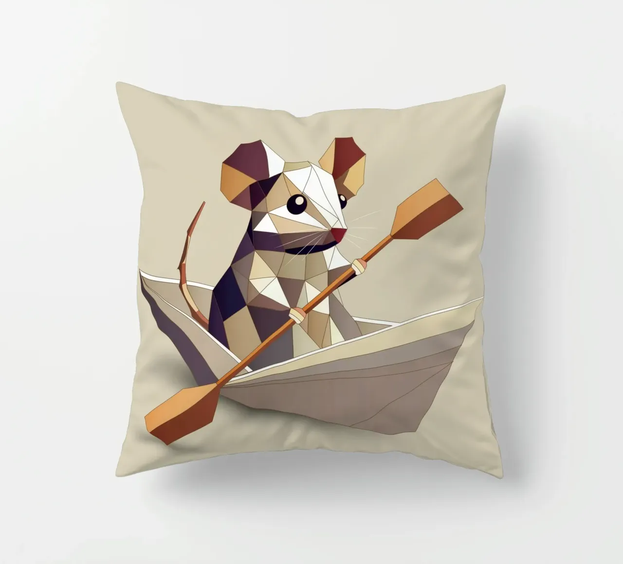 Adventurous mouse in a paper ship - polygon style decorative cushion by namosh