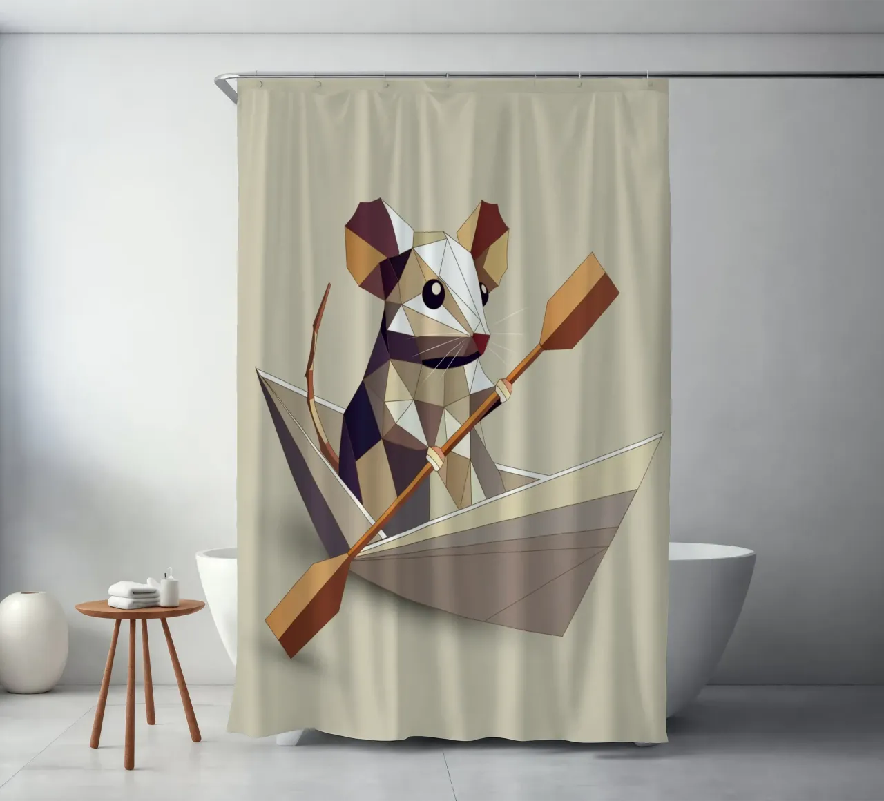 Adventurous mouse in a paper ship - polygon style shower curtain by namosh