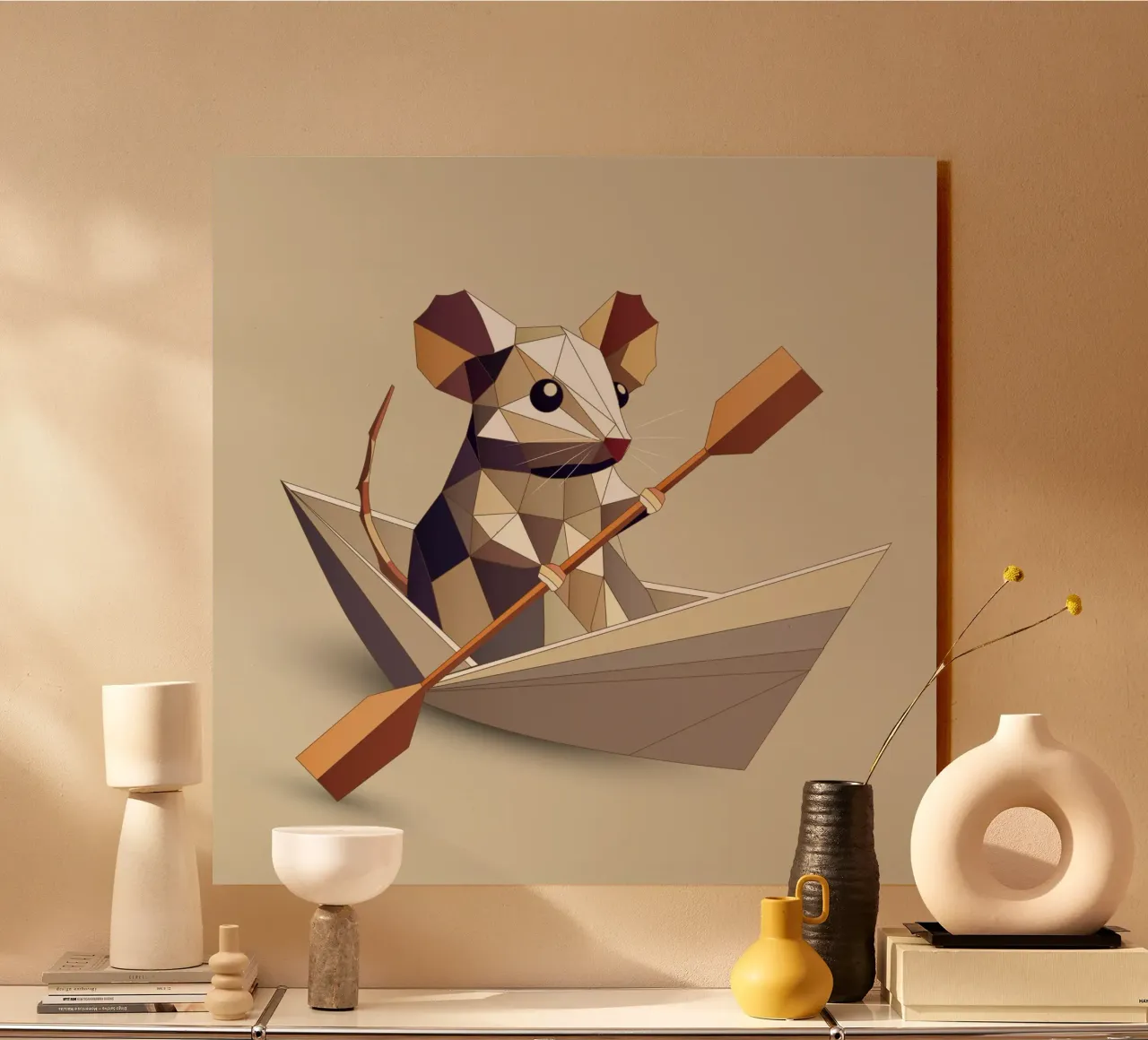 Adventurous mouse in a paper ship - polygon style alu-dibond by namosh