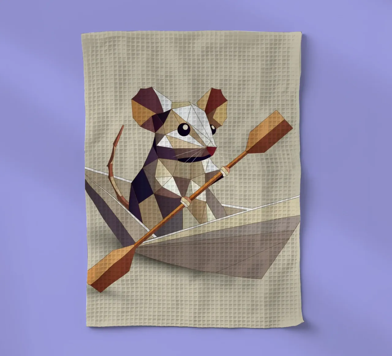 Adventurous mouse in a paper ship - polygon style tea towel by namosh