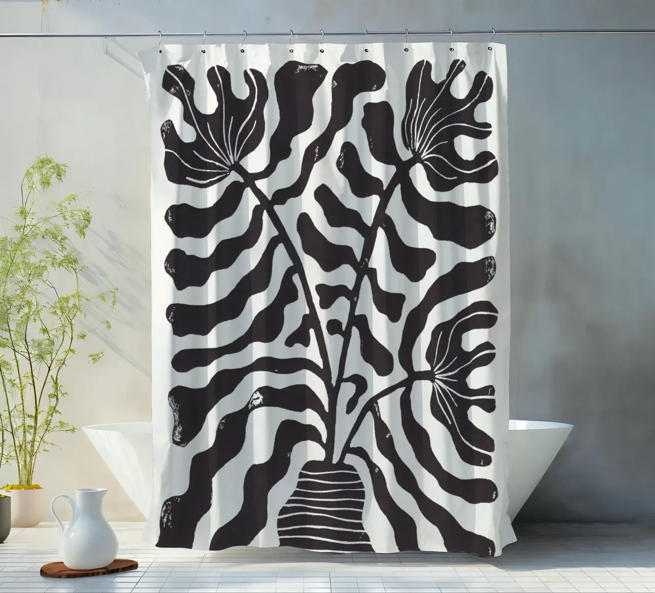 Still LIfe with Three Flowers in a Vase / Black & White shower curtain by Alisa Galitsyna
