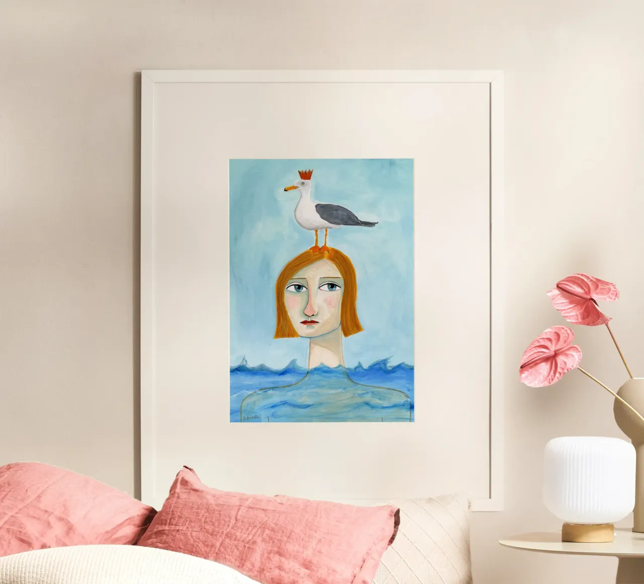Signora nell'oceano con gabbiano poster con telaio in legno da Pictufy Sun & Spirit