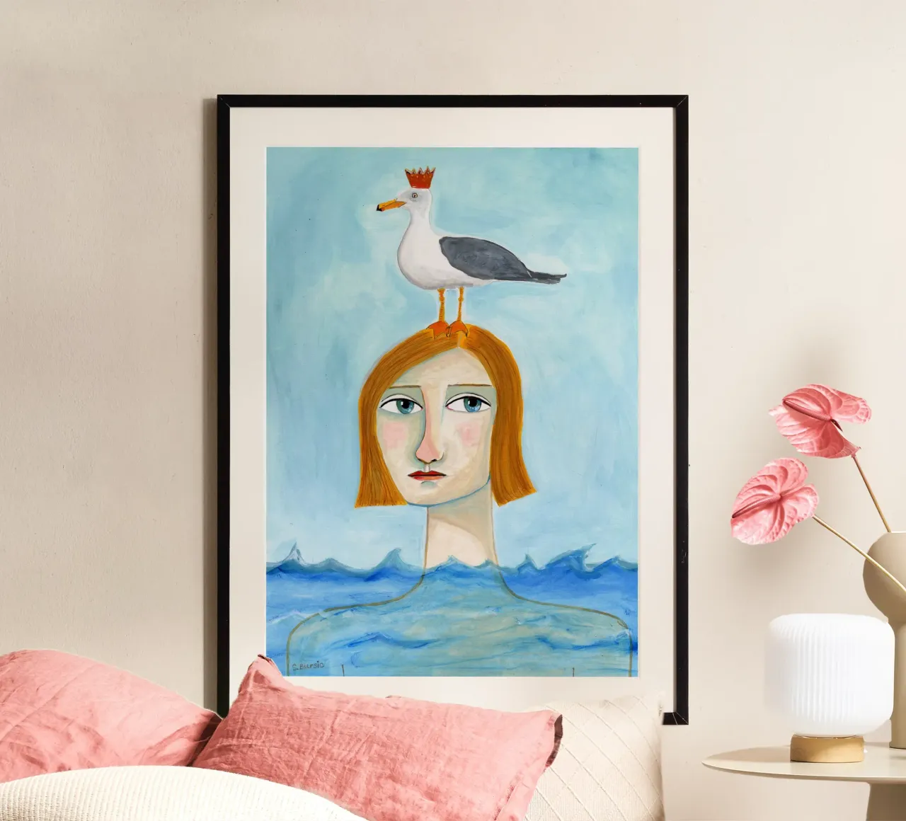 Signora nell'oceano con gabbiano poster con telaio in legno da Pictufy Sun & Spirit