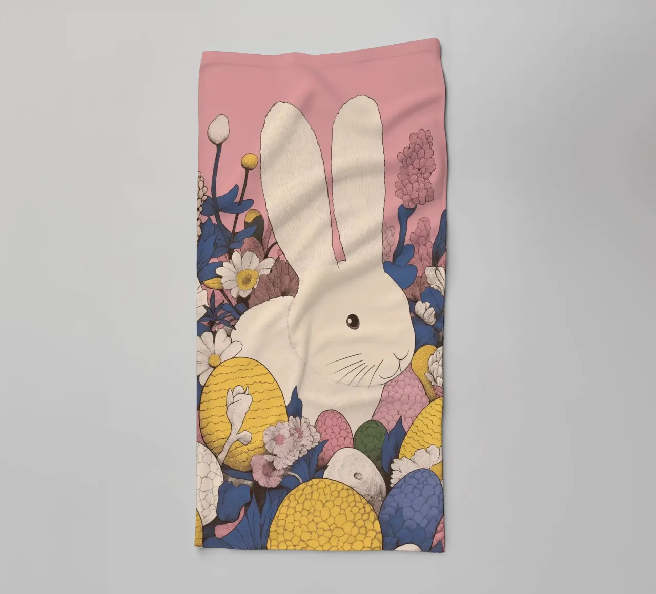 Cute White Easter Bunny in Spring Flower Bloom & Easter Eggs towel by Kaji