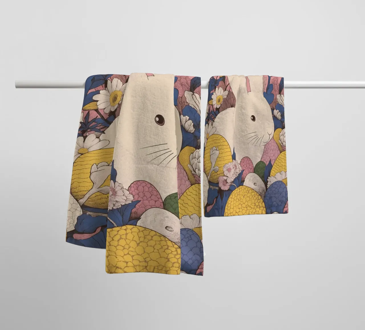 Cute White Easter Bunny in Spring Flower Bloom & Easter Eggs towel by Kaji
