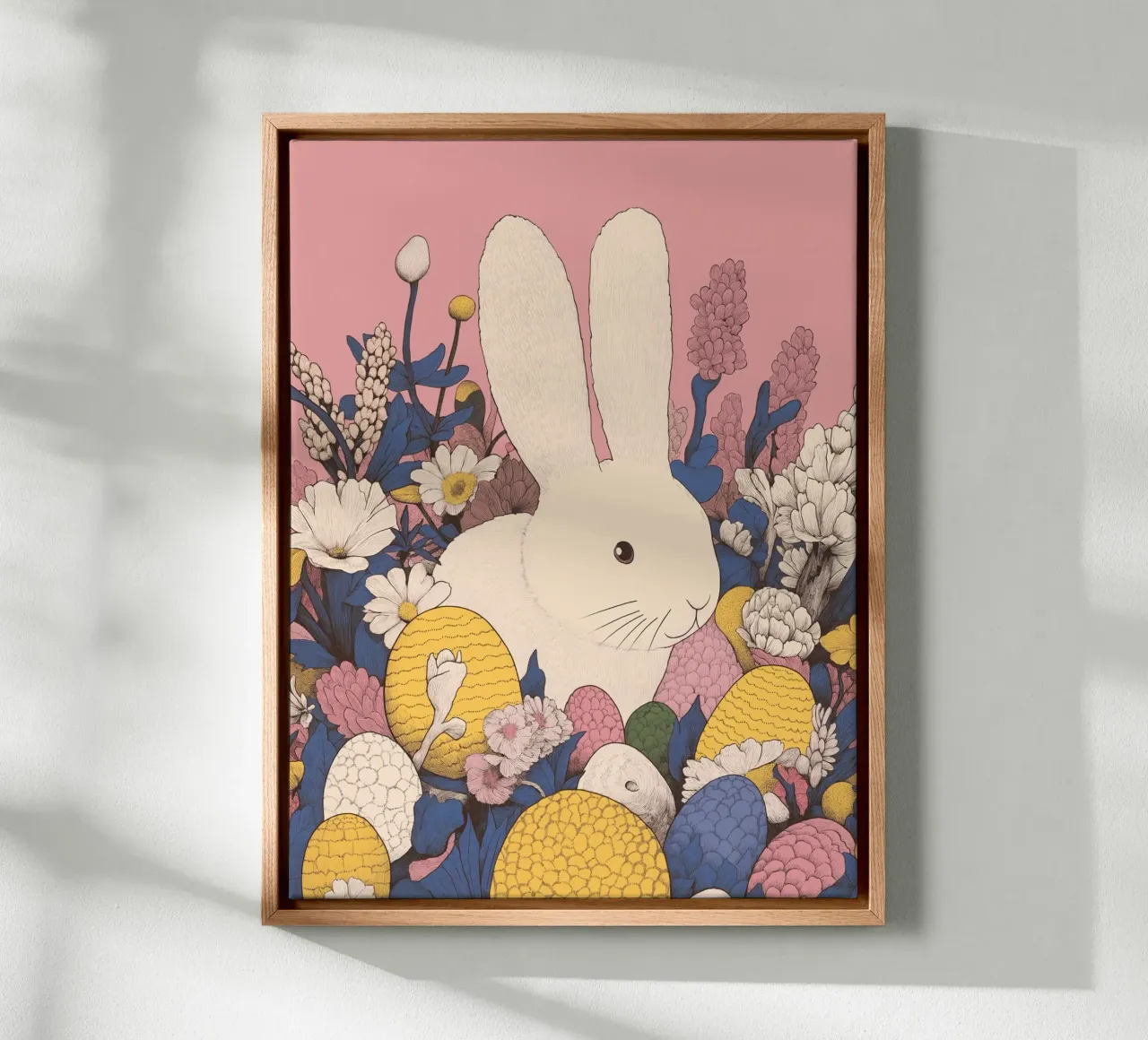 Cute White Easter Bunny in Spring Flower Bloom & Easter Eggs canvas with Floater frame by Kaji