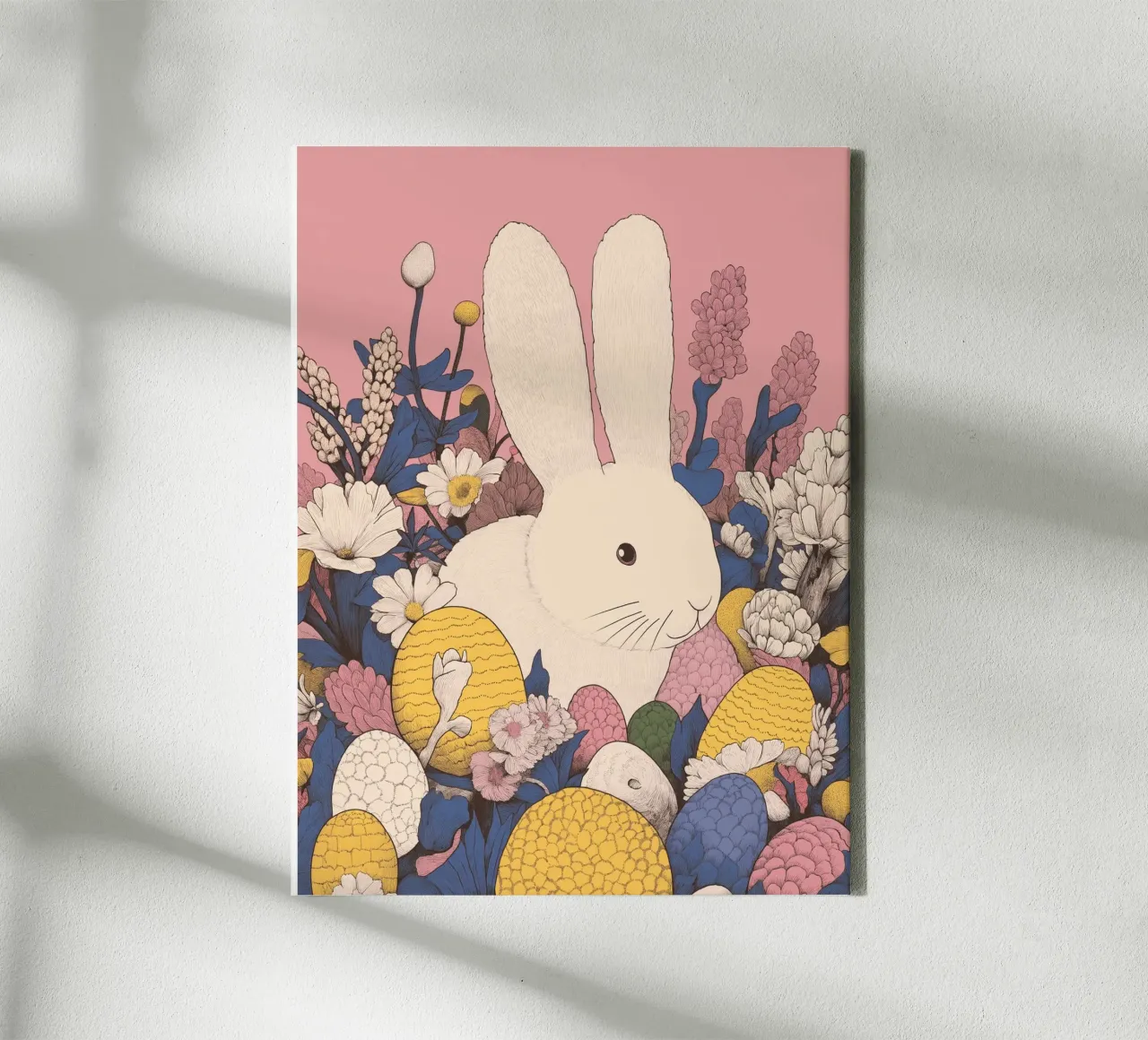 Cute White Easter Bunny in Spring Flower Bloom & Easter Eggs canvas with Floater frame by Kaji