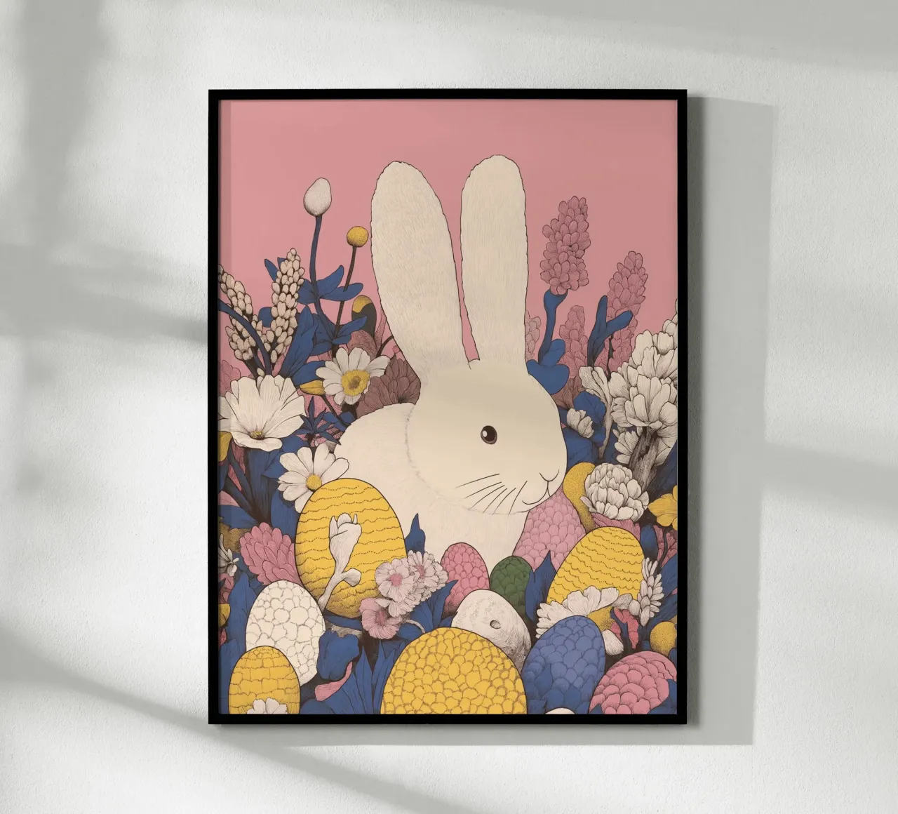 Conejito de Pascua blanco con flores de primavera y huevos de Pascua hahnemühle de Kaji