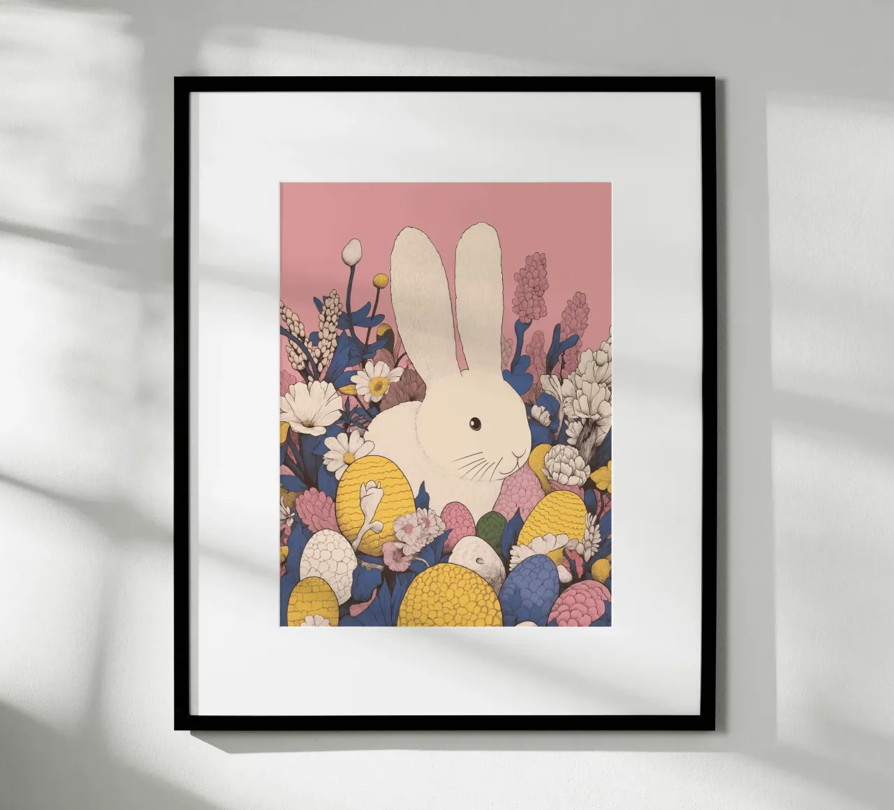 Conejito de Pascua blanco con flores de primavera y huevos de Pascua hahnemühle de Kaji