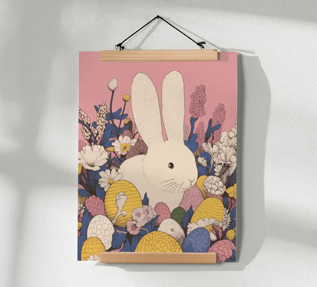 Conejito de Pascua blanco con flores de primavera y huevos de Pascua hahnemühle de Kaji