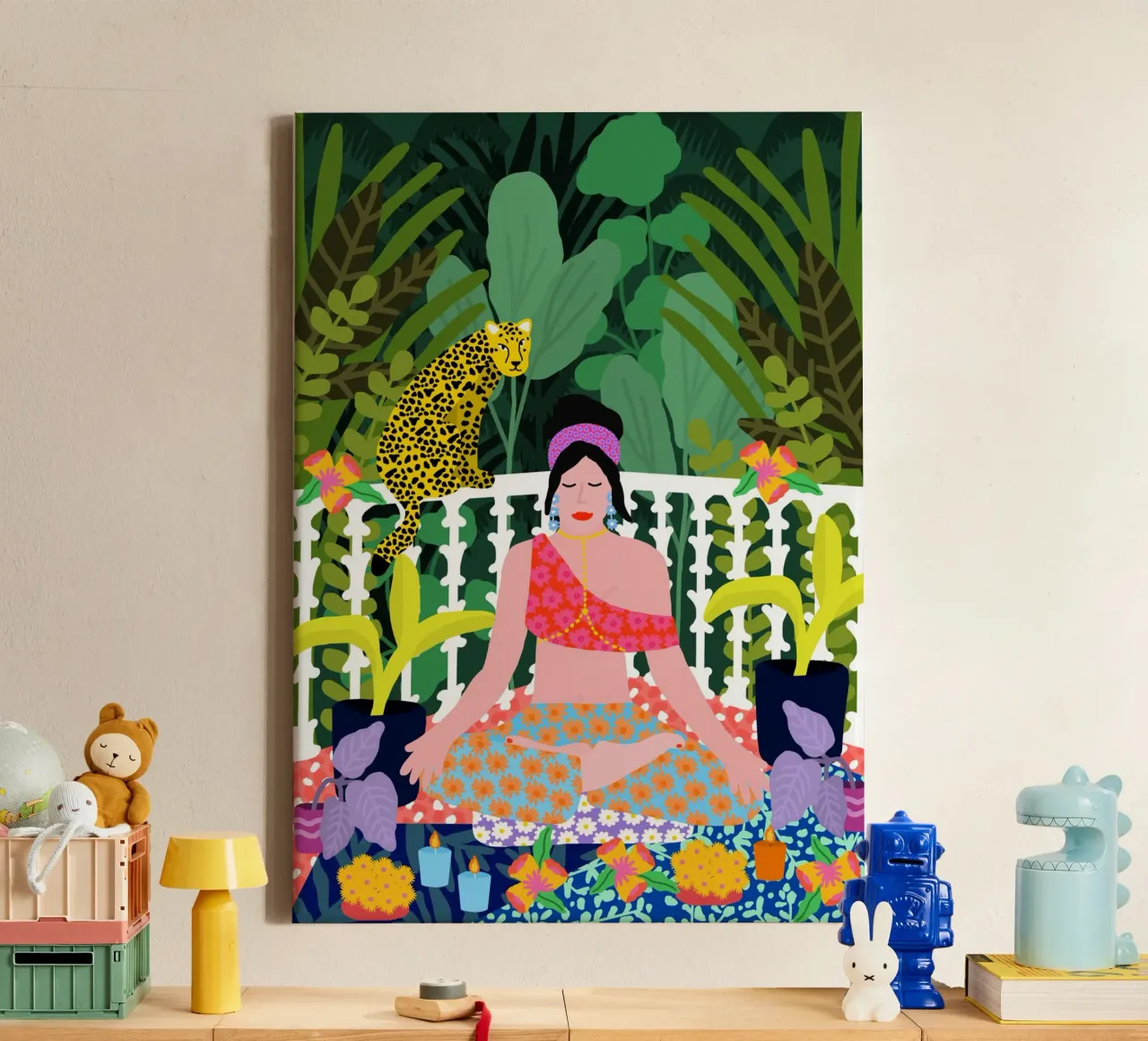 Vrouw in lotushouding canvas met Baklijst van Pictufy Sun & Spirit