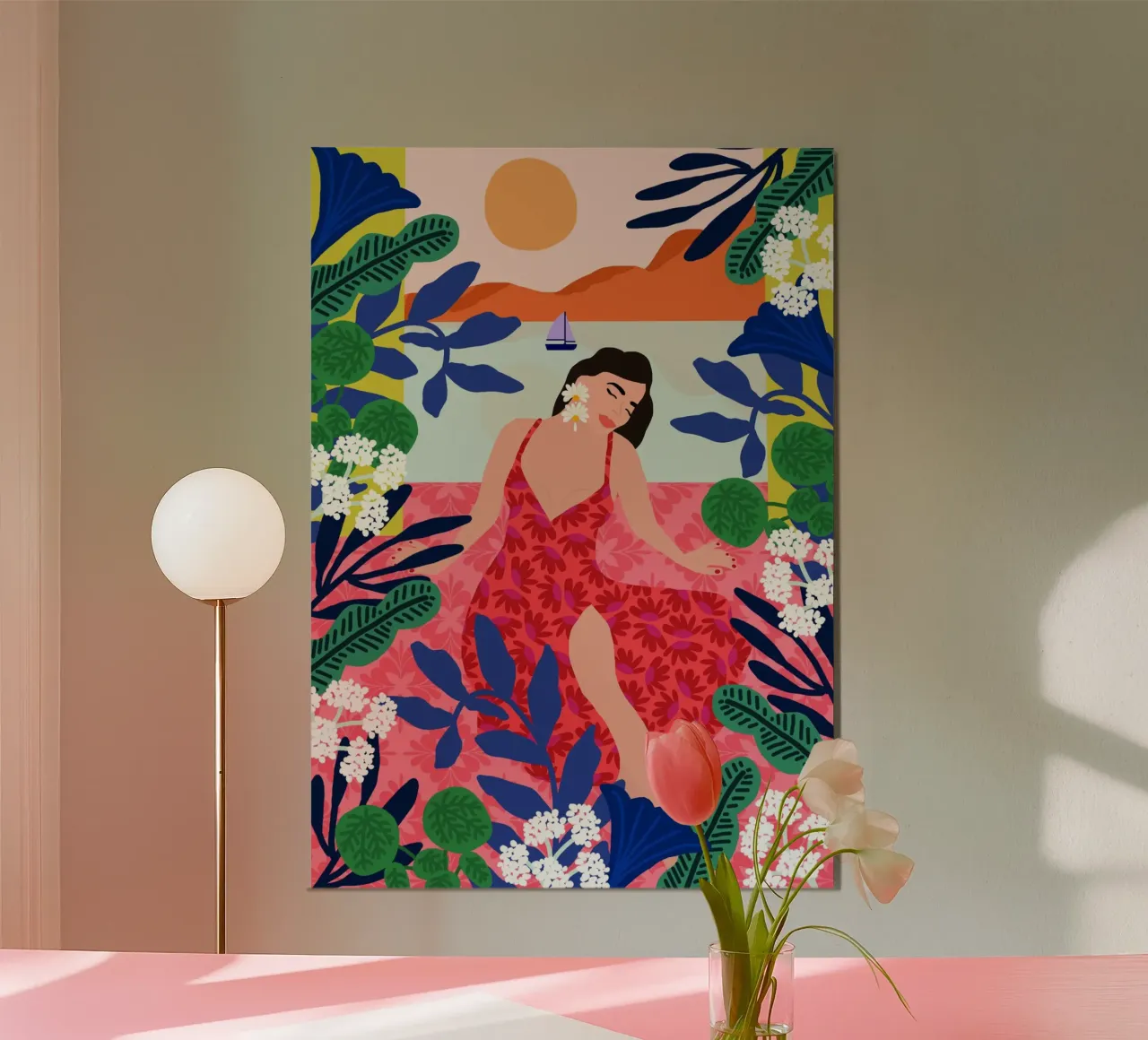 Ragazza tramonto floreale poster con telaio in plastica da Pictufy Sun & Spirit