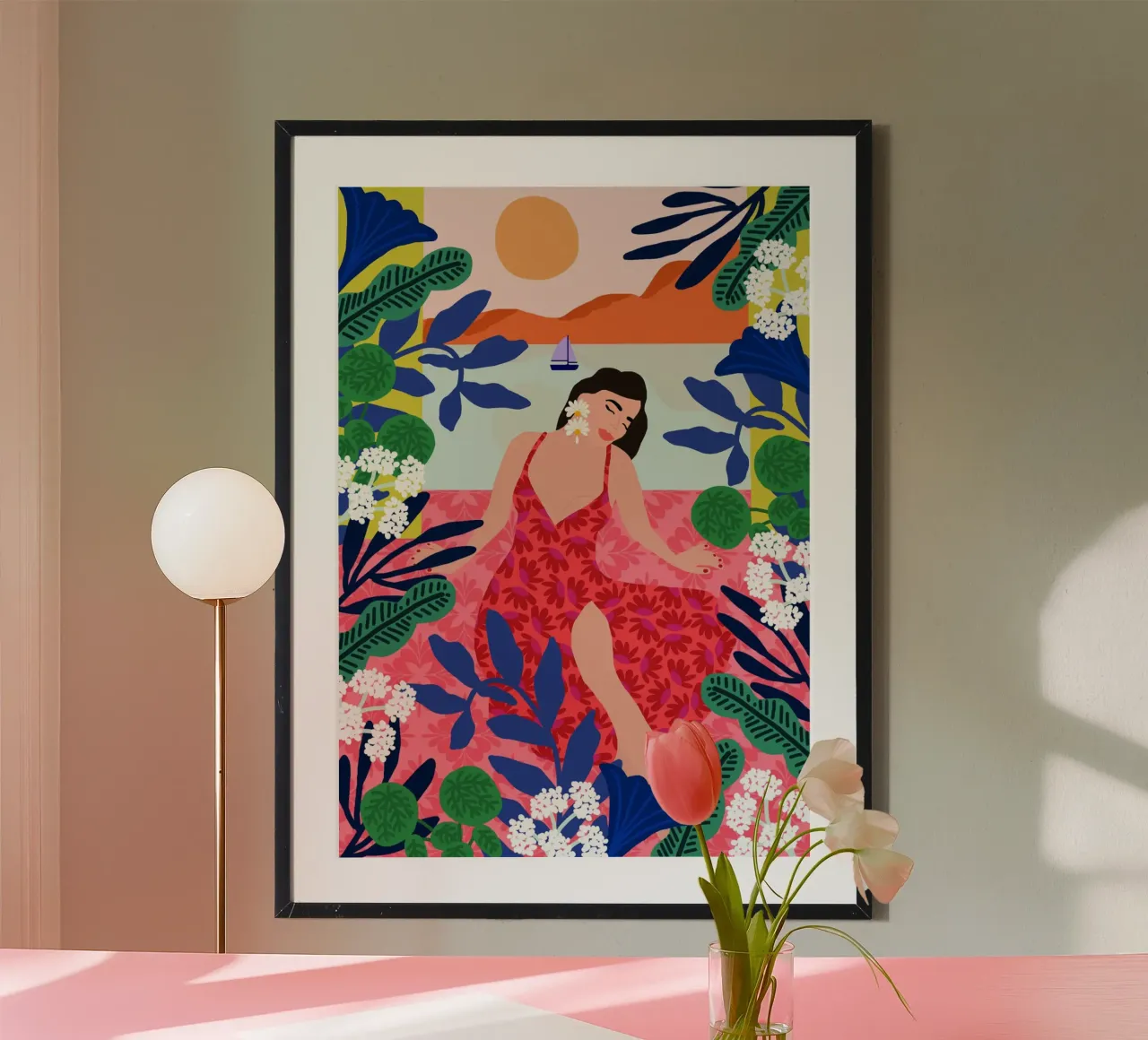 Ragazza tramonto floreale poster con telaio in plastica da Pictufy Sun & Spirit