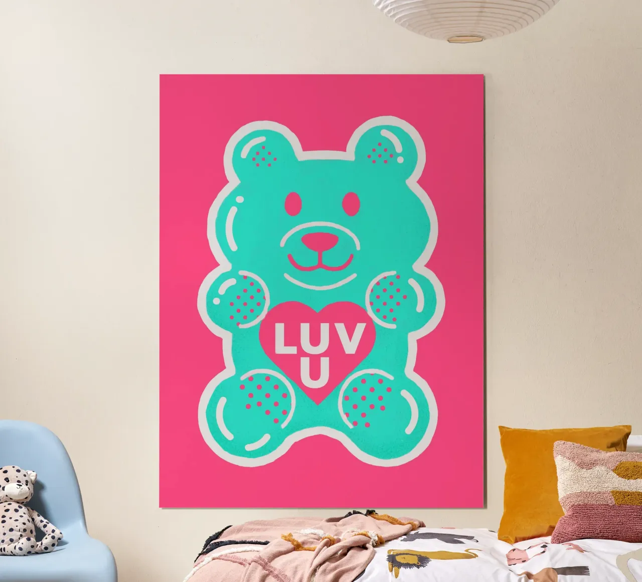 Simpatico orsetto gommoso con cuore poster con telaio in legno da showmemars