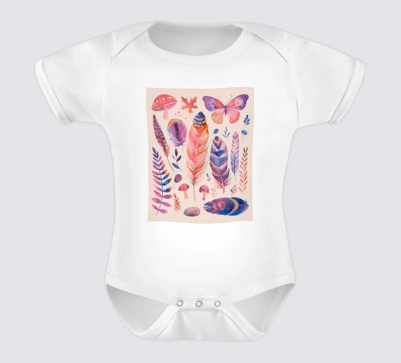 Feathers, Mushrooms & Butterfly Vintage Botanical Boho Art short-sleeve baby romper by Gentle Echoes Art
