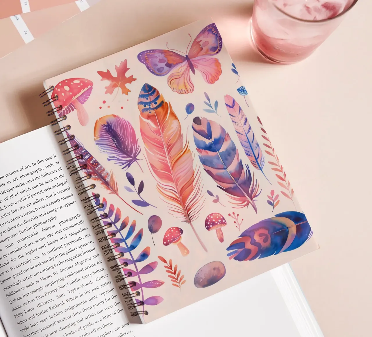 Feathers, Mushrooms & Butterfly Vintage Botanical Boho Art spiral notebook by Gentle Echoes Art