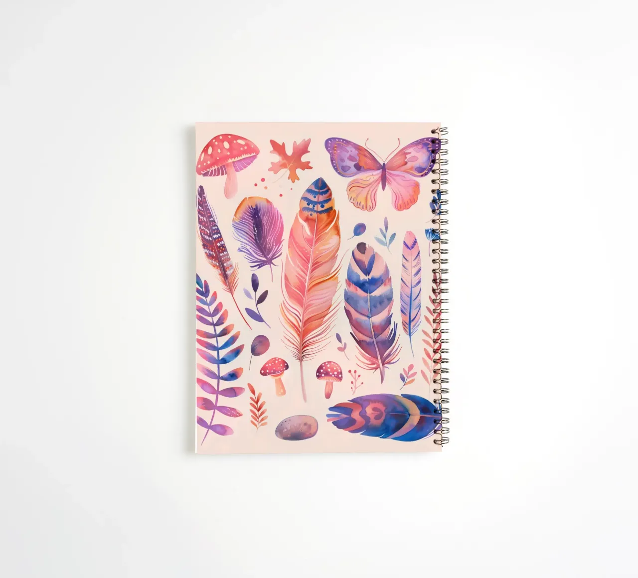 Feathers, Mushrooms & Butterfly Vintage Botanical Boho Art spiral notebook by Gentle Echoes Art