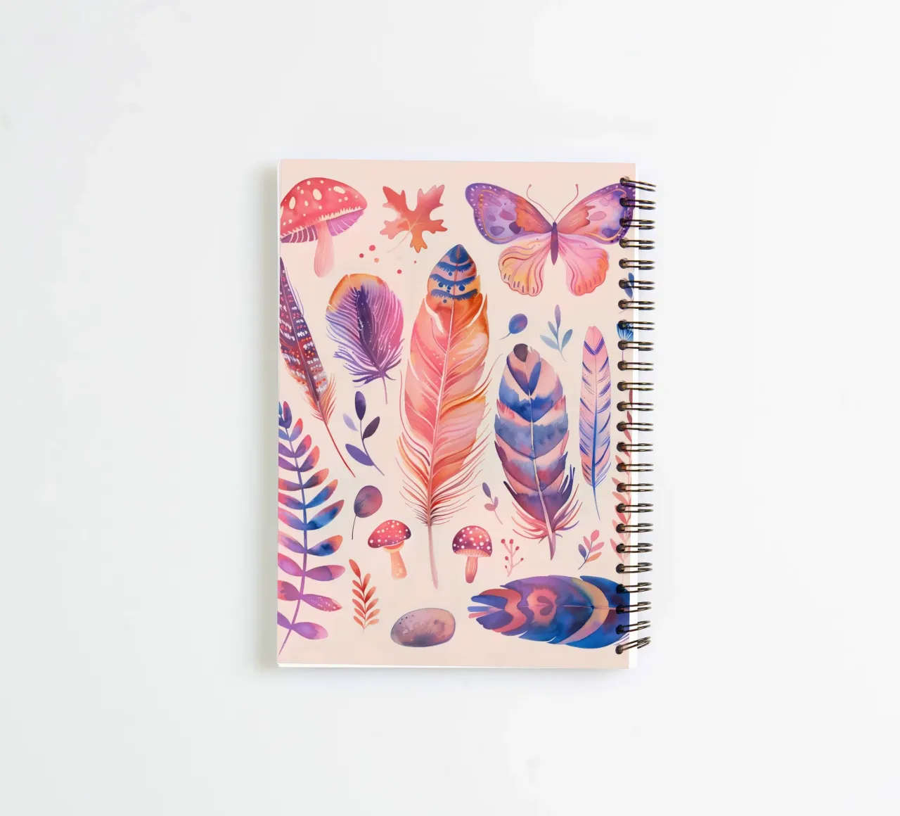 Feathers, Mushrooms & Butterfly Vintage Botanical Boho Art spiral notebook by Gentle Echoes Art