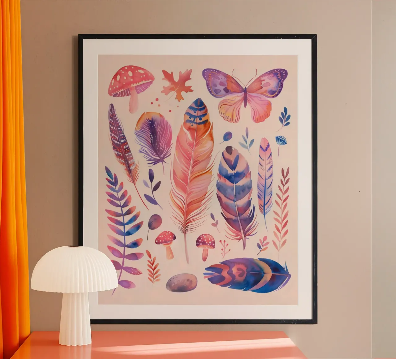 Feathers, Mushrooms & Butterfly Vintage Botanical Boho Art poster by Gentle Echoes Art