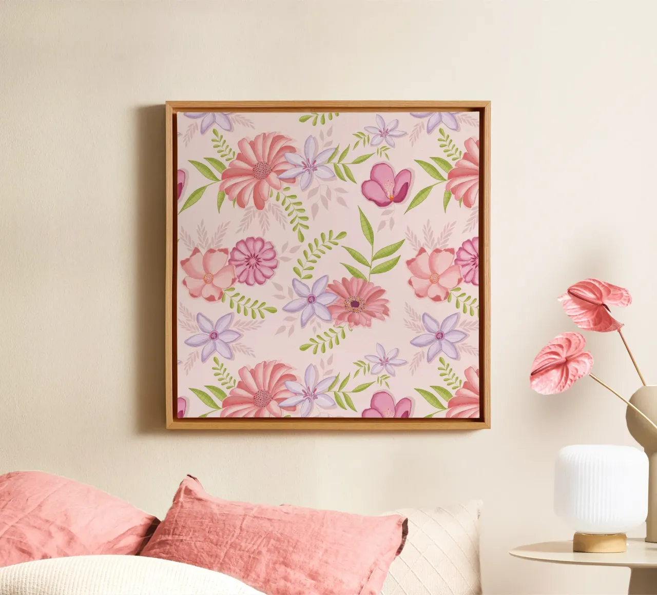 Floral pattern in pink with foliage canvas by CalliLetters