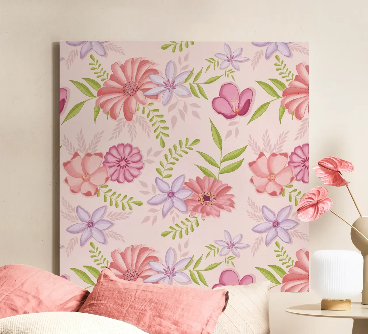 Floral pattern in pink with foliage canvas by CalliLetters