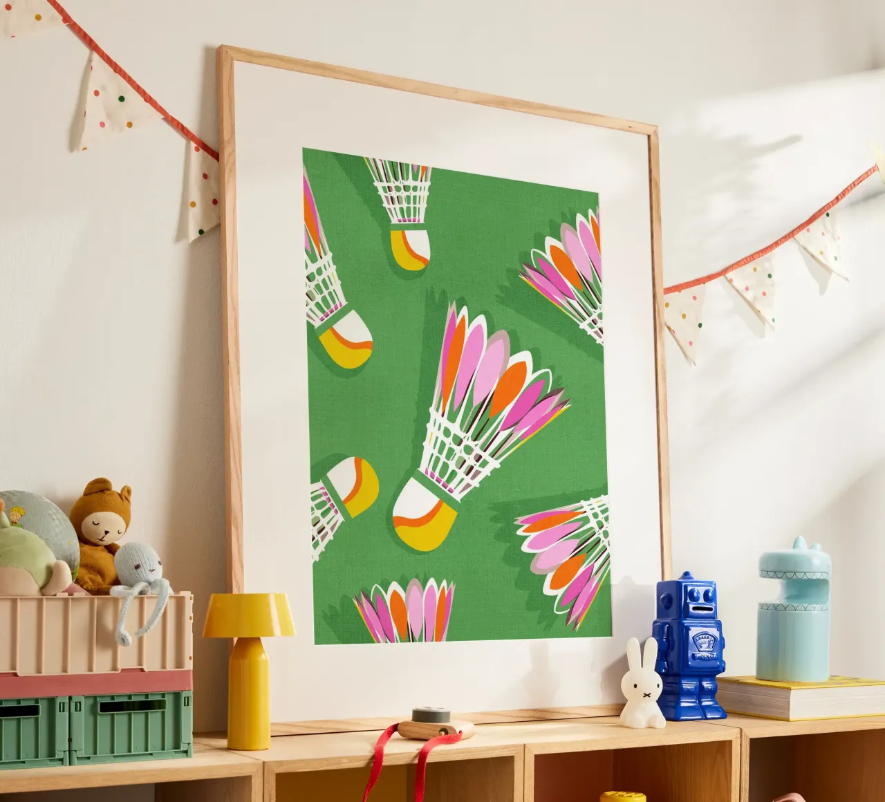 Badminton Birdie Pop Art - Court Sport Dopamina Verde e Rosa poster con telaio in alluminio da Dominique Vari