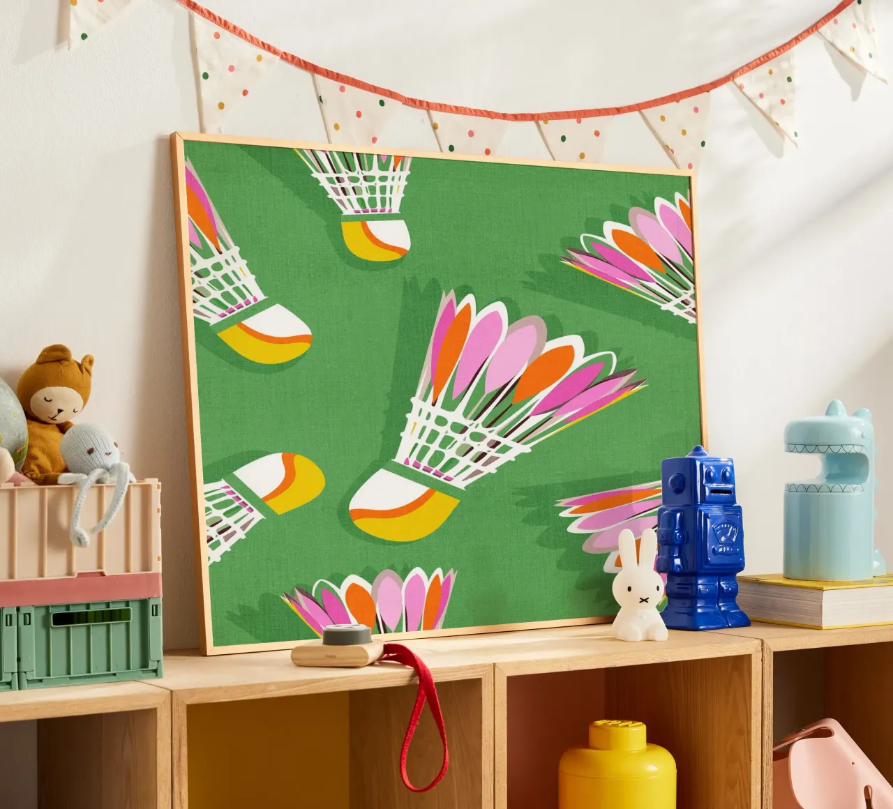Badminton Birdie Pop Art - Court Sport Dopamina Verde e Rosa poster con telaio in alluminio da Dominique Vari