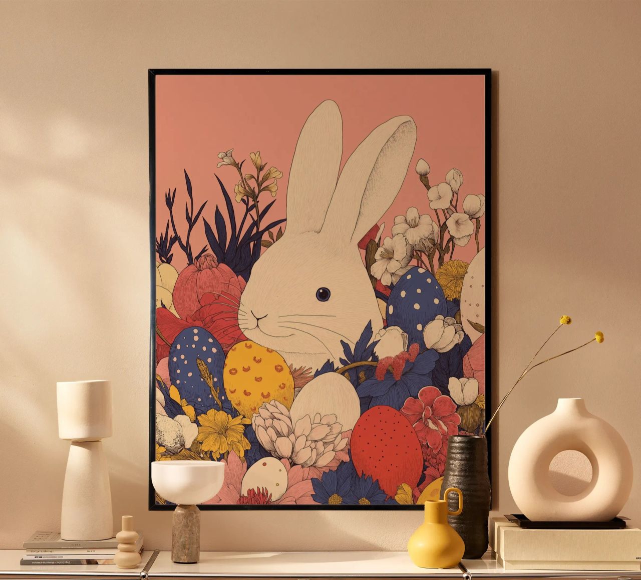 Easter Gift: Whimsical Bunny & Blossom & Easter Eggs Artwork poster by Kaji