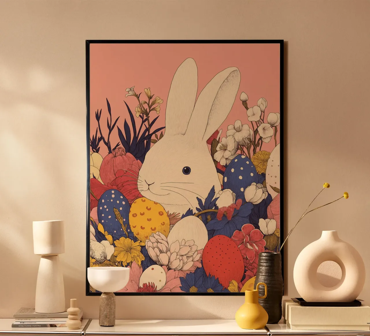 Regalo di Pasqua: Coniglietto stravagante, fiori e uova di Pasqua: un'opera d'arte poster con telaio in alluminio da Kaji