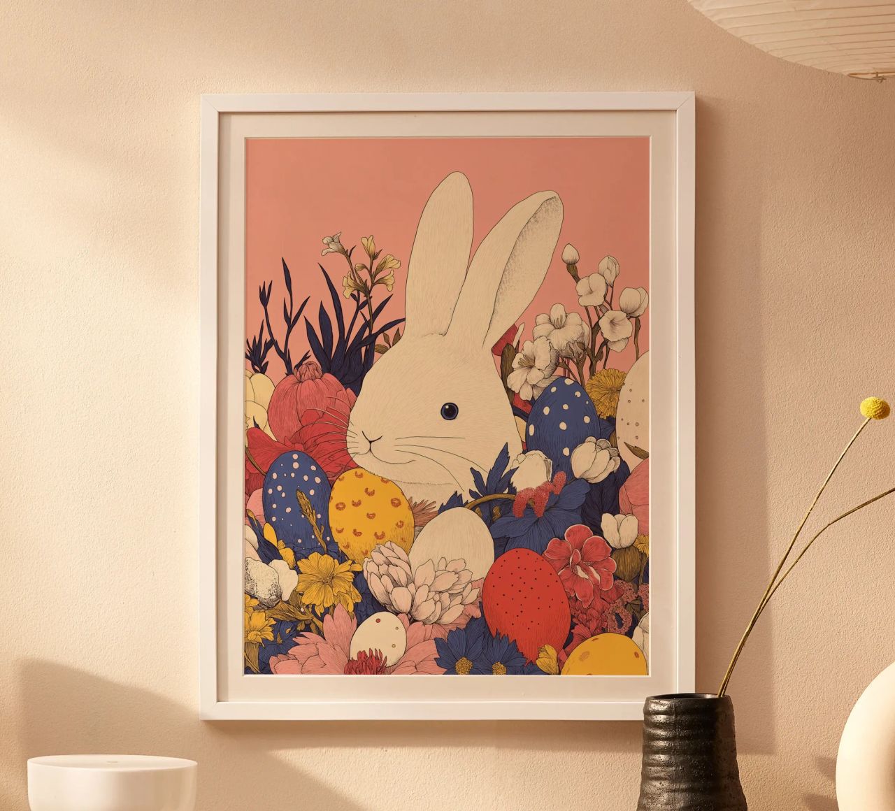 Easter Gift: Whimsical Bunny & Blossom & Easter Eggs Artwork poster by Kaji