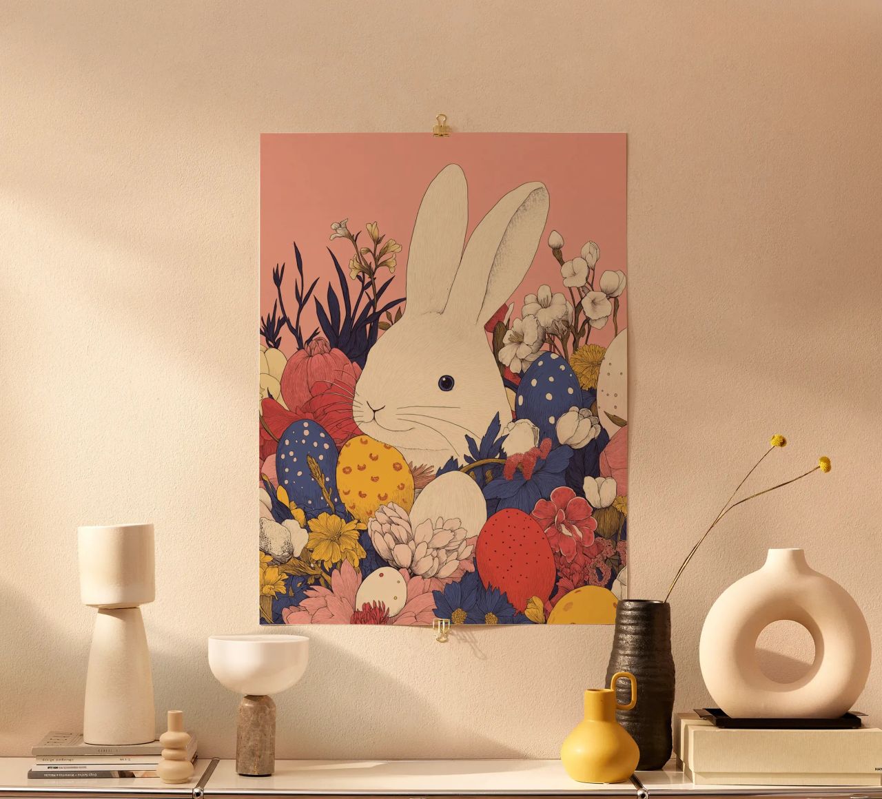 Easter Gift: Whimsical Bunny & Blossom & Easter Eggs Artwork poster by Kaji