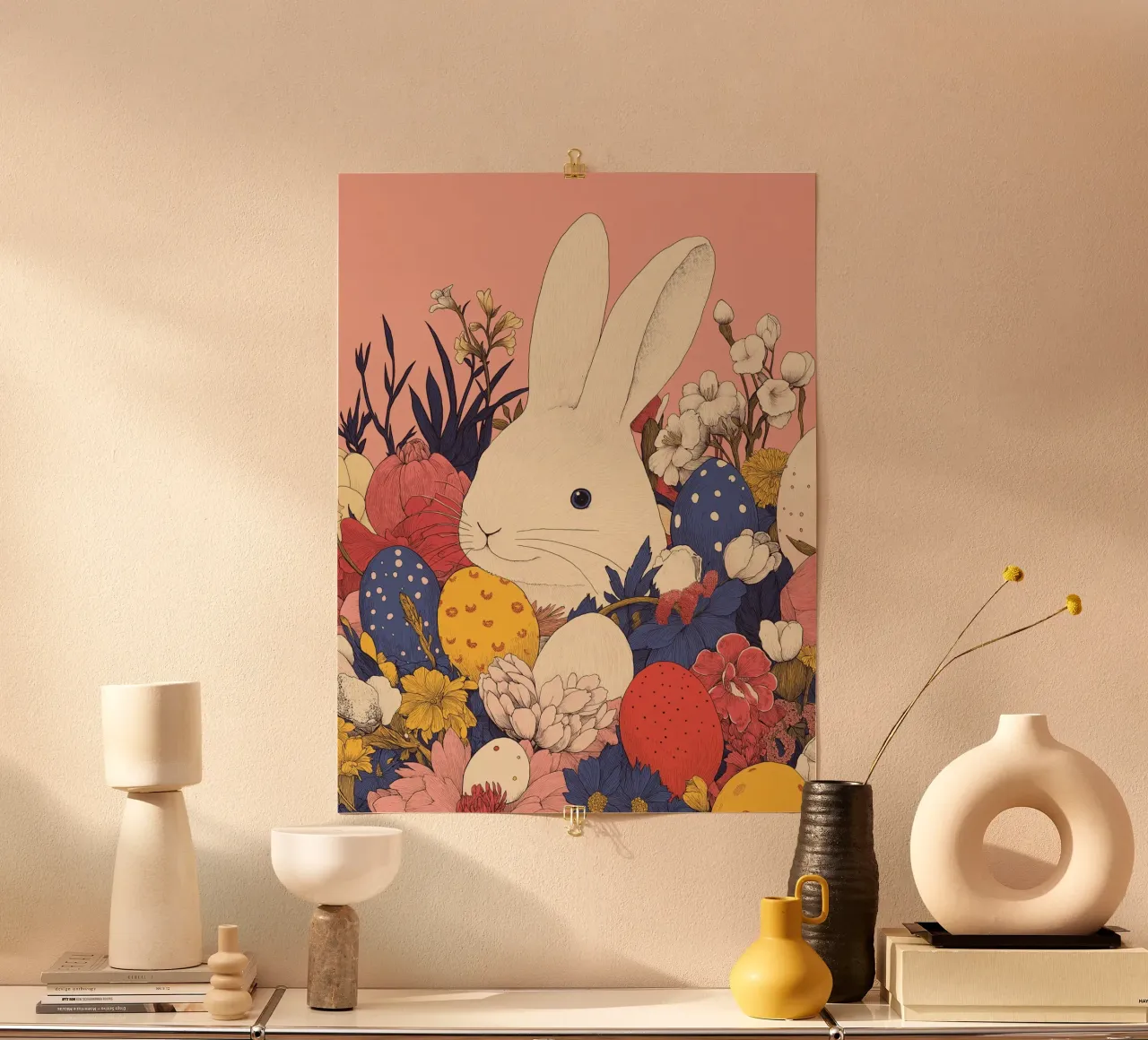 Regalo di Pasqua: Coniglietto stravagante, fiori e uova di Pasqua: un'opera d'arte poster con telaio in alluminio da Kaji