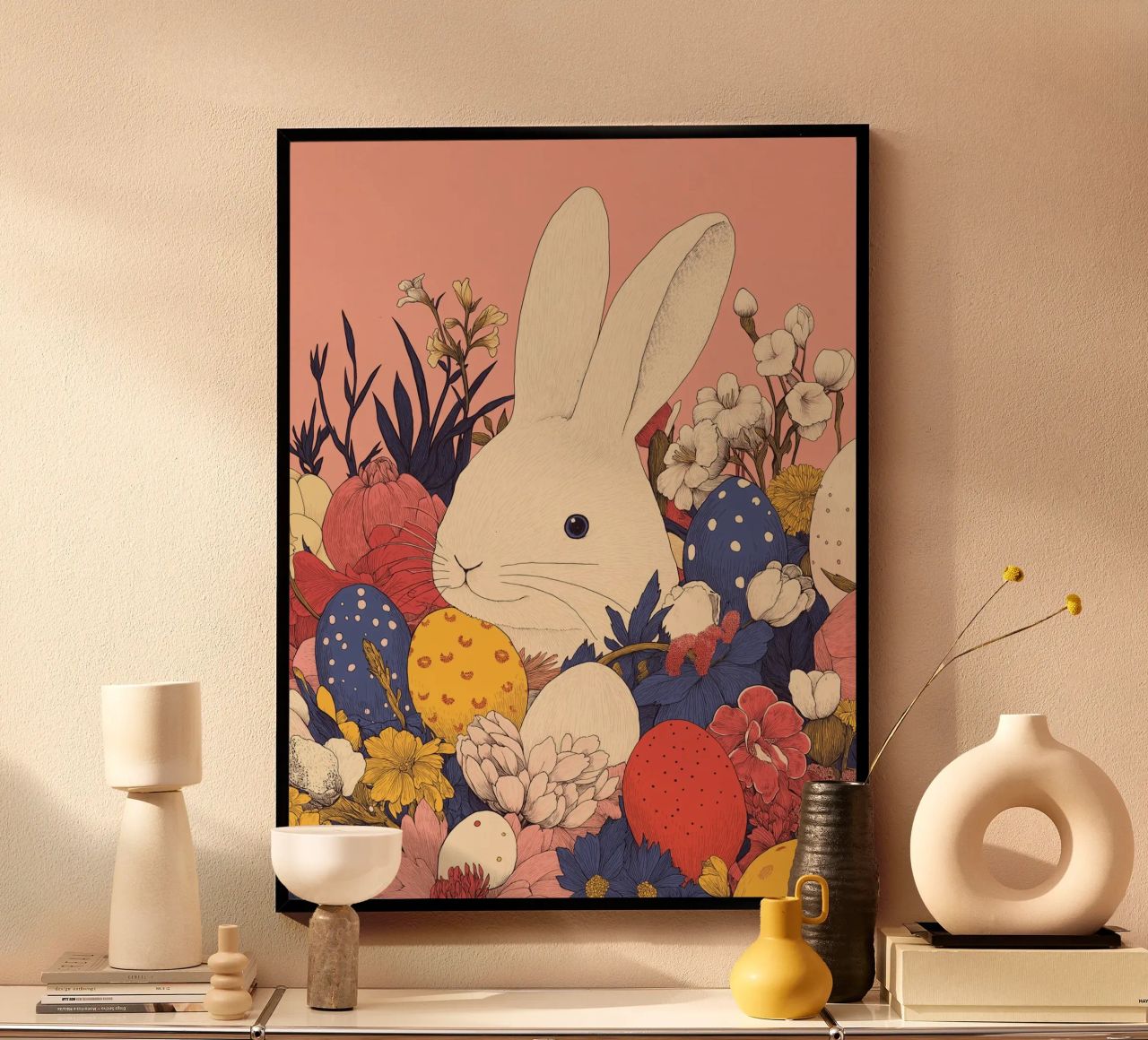 Easter Gift: Whimsical Bunny & Blossom & Easter Eggs Artwork poster by Kaji