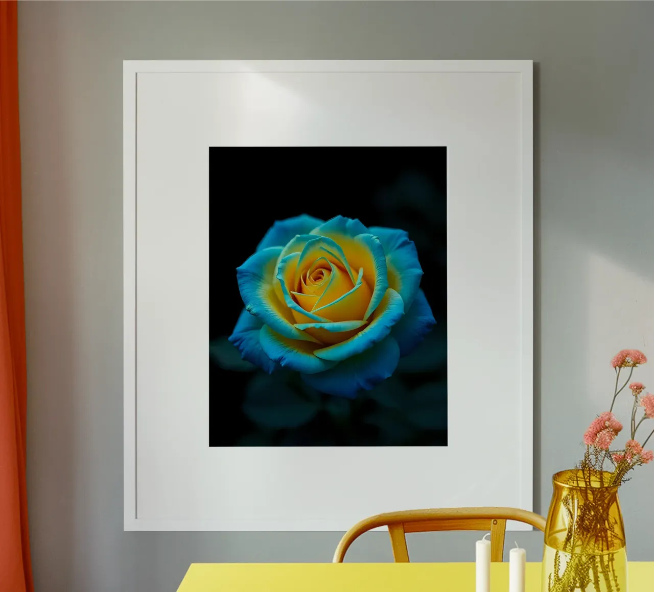 Rosa_giallo_blu_01 poster con telaio in legno da Farb- und Blütenzauber by LK