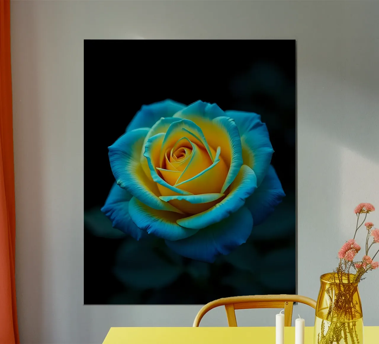Rosa_giallo_blu_01 poster con telaio in legno da Farb- und Blütenzauber by LK