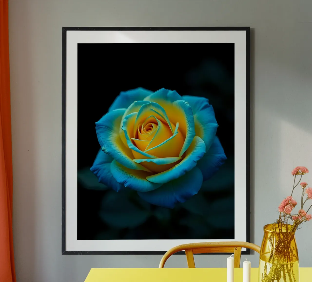 Rosa_giallo_blu_01 poster con telaio in legno da Farb- und Blütenzauber by LK