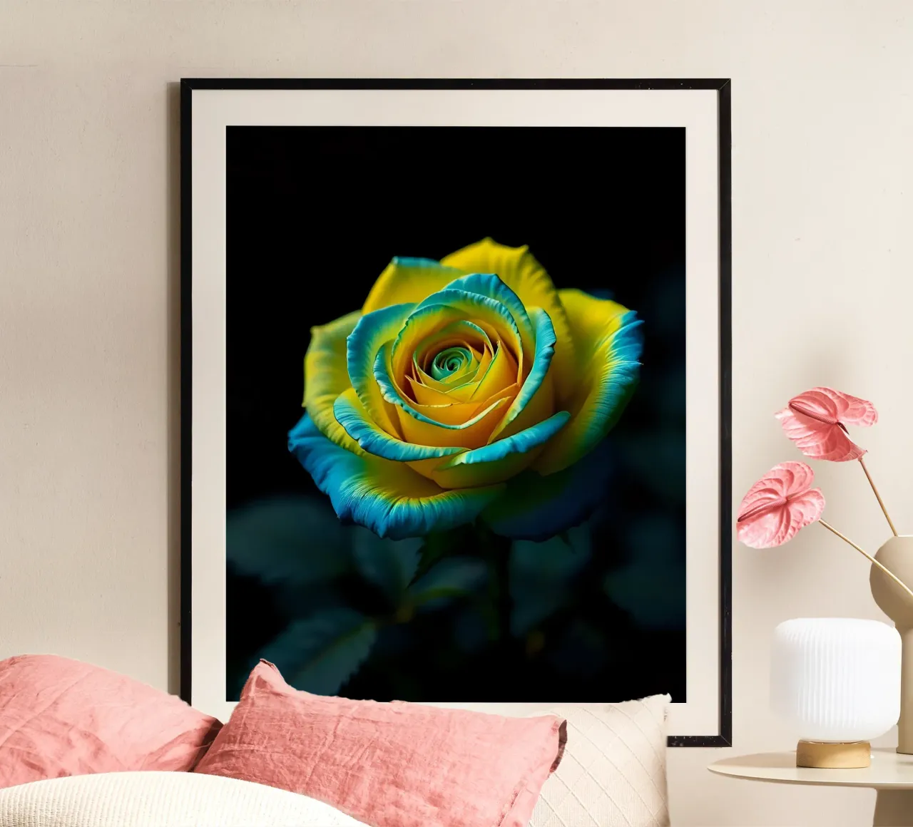 Rosa_giallo_blu_03 poster con telaio in legno da Farb- und Blütenzauber by LK