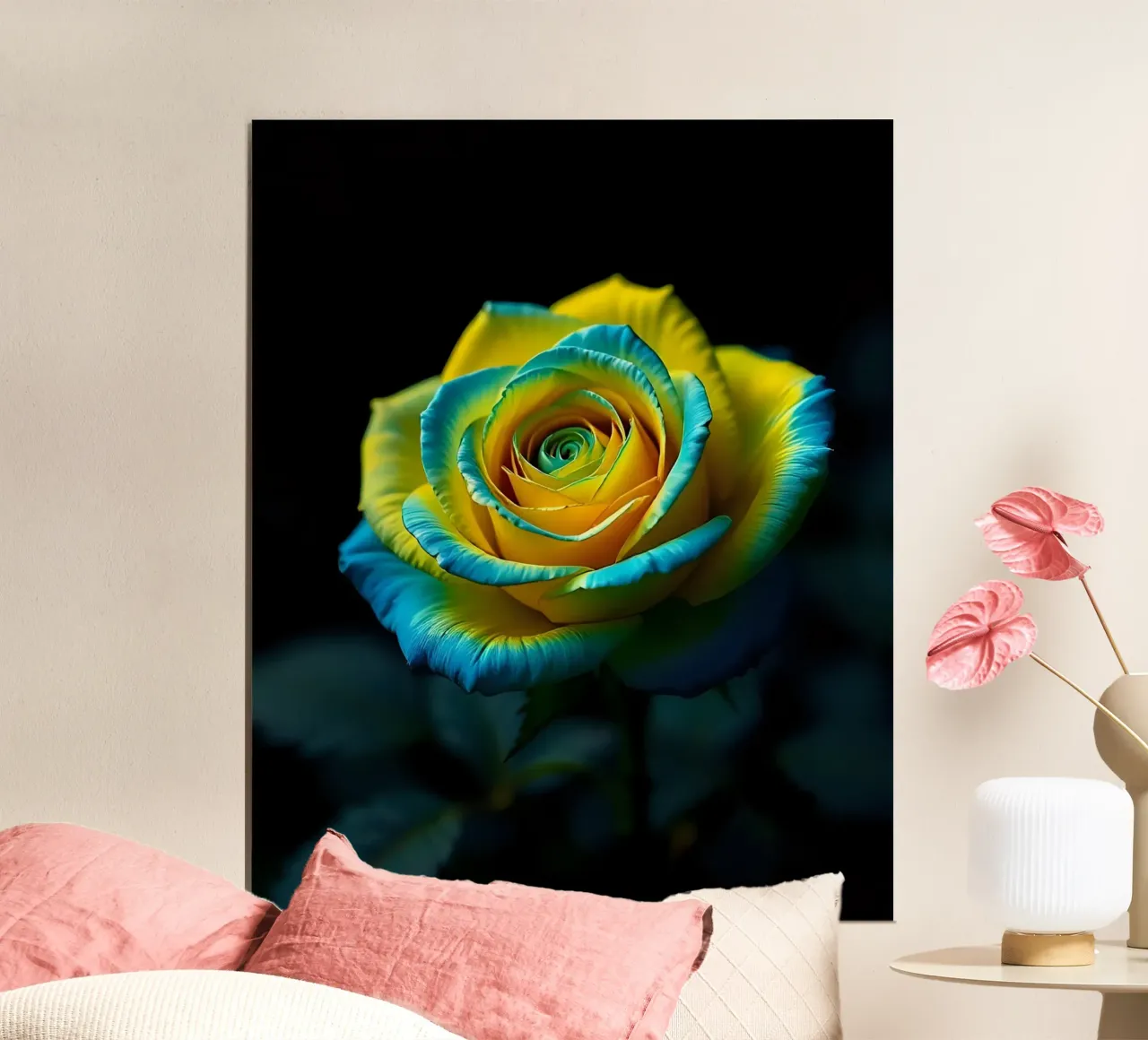 Rosa_giallo_blu_03 poster con telaio in legno da Farb- und Blütenzauber by LK