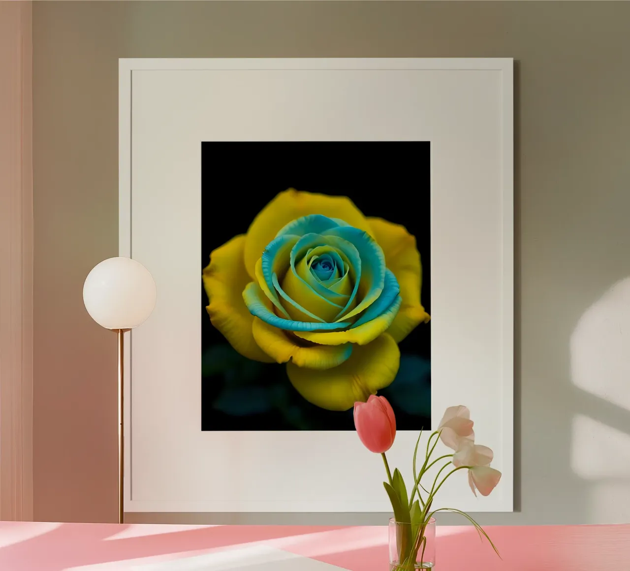 Rosa_giallo_blu_05 poster con telaio in alluminio da Farb- und Blütenzauber by LK