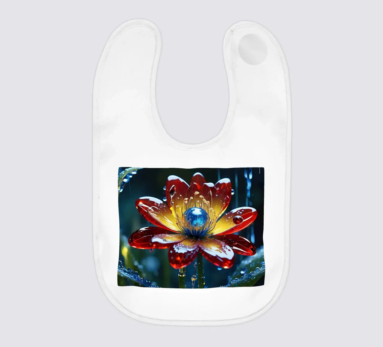 Fiori vivaci che sbocciano tra le gocce di pioggia rinfrescanti in un lussureggiante bavaglino da DesignDoodle