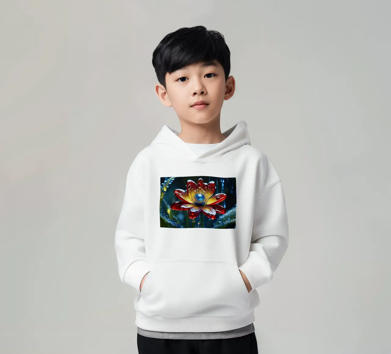 Kräftige Blumenblüten inmitten erfrischender Regentropfen in einem üppigen Kinder Hoodie von DesignDoodle