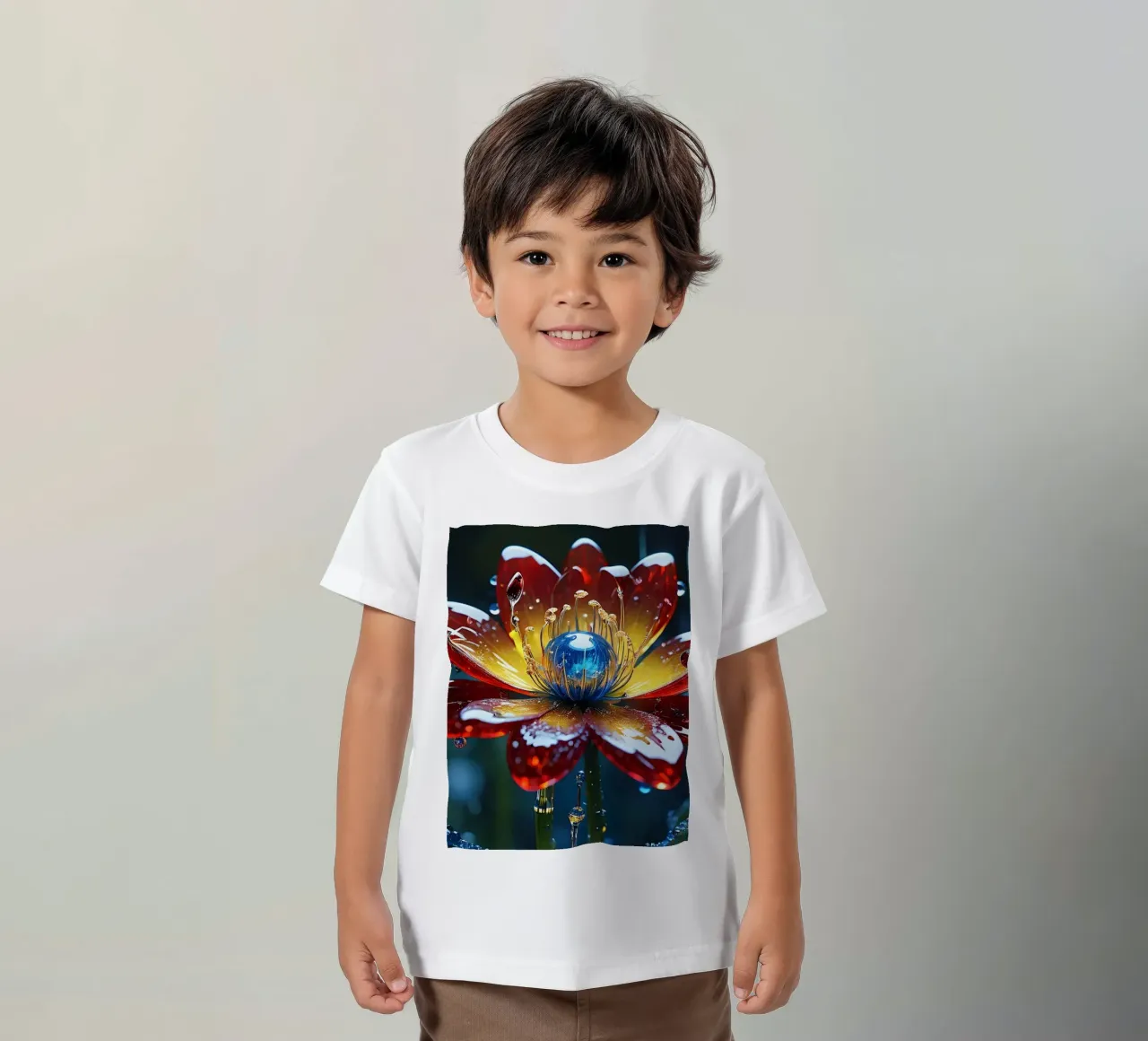 Vibrantes flores florecen entre refrescantes gotas de lluvia en un exuberante camiseta para niños de DesignDoodle