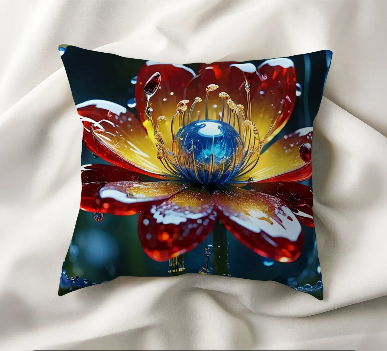 Fiori vivaci che sbocciano tra le gocce di pioggia rinfrescanti in un lussureggiante cuscino da DesignDoodle