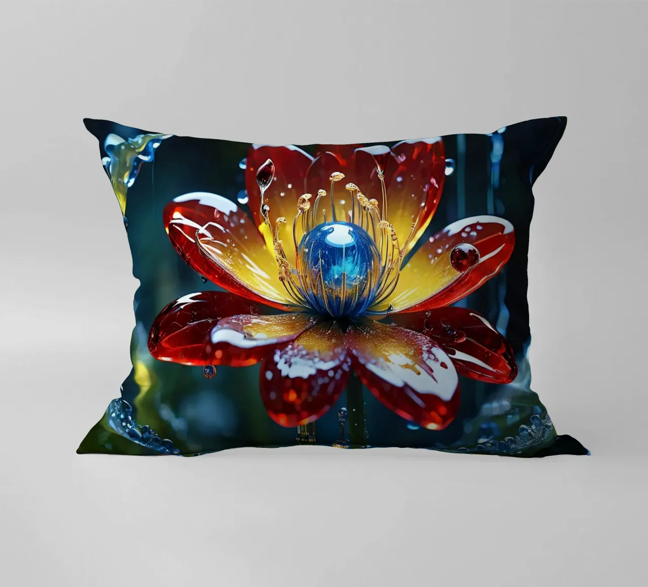 Fiori vivaci che sbocciano tra le gocce di pioggia rinfrescanti in un lussureggiante cuscino da DesignDoodle